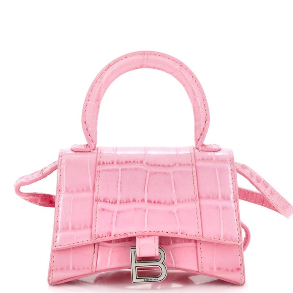 Balenciaga Hourglass Top Handle Bag Crocodile Embossed Leather Mini Pink